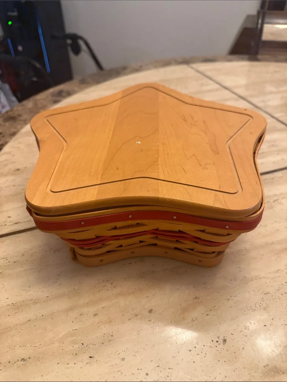 Longaberger Star-Shaped Wood Trinket Box in Natural and Red Accents
